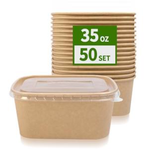 AICHEF 50 Pack 35 oz Paper Food Containers with Lids, Microwavable and Freezer Use Paper Meal Prep Containers Disposable Food Prep and Take Out Food Containers, 50 Bowls 50 Lids