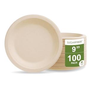 [100 COUNT]Harvest Pack PFAS FREE 9-inch Round Disposable Compostable Paper Plates, Heavy-Duty Natural Bagasse Biodegradable Dinner Plate, Large plate, From Eco-Friendly Sugarcane Plant Fibers