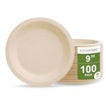 [100 COUNT]Harvest Pack PFAS FREE 9-inch Round Disposable Compostable Paper Plates, Heavy-Duty Natural Bagasse Biodegradable Dinner Plate, Large plate, From Eco-Friendly Sugarcane Plant Fibers