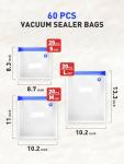ZABINS 60 Pcs Reusable Vacuum Sealer Bags for Food, 3 Size BPA-Free Vacuum Storage Bags with Sealing Clips & Leak-Proof Design for Sous Vide Cooking, Freezer, Microwave Heating