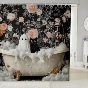 Manfei Cute Ghost Kids Shower Curtains,Black Cartoon Cat Happy Halloween Bathroom Curtain for Girls Boys,Rose Flowers Baroque Vintage Gothic Trippy Waterproof Curtains,12 Hooks Suits,72" W x 72" L