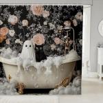Manfei Cute Ghost Kids Shower Curtains,Black Cartoon Cat Happy Halloween Bathroom Curtain for Girls Boys,Rose Flowers Baroque Vintage Gothic Trippy Waterproof Curtains,12 Hooks Suits,72" W x 72" L