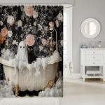 Manfei Cute Ghost Kids Shower Curtains,Black Cartoon Cat Happy Halloween Bathroom Curtain for Girls Boys,Rose Flowers Baroque Vintage Gothic Trippy Waterproof Curtains,12 Hooks Suits,72" W x 72" L