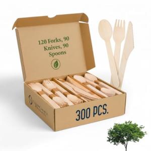 Compostable Cutlery Set - 300 PCS Wooden Utensils [120 Forks, 90 Spoons, 90 Knives] - Eco-Friendly Wooden Disposable Utensils - Compostable Forks and Spoons - Disposable Cutlery Set Party Utensils