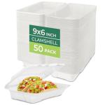 Freshware Clamshell Food Containers with Lids [9x6 50-Pack] Disposable To Go Containers, Biodegradable Sugarcane To Go Boxes - Paper Container - Microwave & Freezer Safe, Stackable