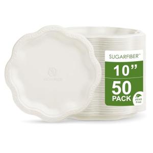 [50 COUNT]10-inch Compostable PFAS Free Floral Paper Plates, White Floral Acanthus Collection Natural Sugarcane Disposable Bagasse Eco Friendly Wedding Dinner Plates Elegant, New Version