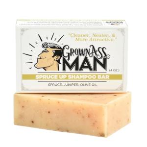 Grown Ass Man Co. - Solid Shampoo Bar Rich Lather 3 in 1: Hair, Beard & Body Wash - Plastic Free & Eco-Friendly, Natural & Organic for All Hair Types, 4oz Bar (Spruce Up, Single)