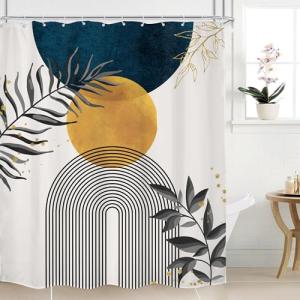 Mitpok Navy Blue Boho Shower Curtain 60Wx72H Modern Bohemian Mid Century Abstract Gold Leaves Minimalist Geometric Plant Bathroom Decor Neutral Botanical Bath Curtain Fabric Polyester 12 Pack Hooks