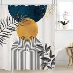 Mitpok Navy Blue Boho Shower Curtain 60Wx72H Modern Bohemian Mid Century Abstract Gold Leaves Minimalist Geometric Plant Bathroom Decor Neutral Botanical Bath Curtain Fabric Polyester 12 Pack Hooks