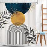 Mitpok Navy Blue Boho Shower Curtain 60Wx72H Modern Bohemian Mid Century Abstract Gold Leaves Minimalist Geometric Plant Bathroom Decor Neutral Botanical Bath Curtain Fabric Polyester 12 Pack Hooks