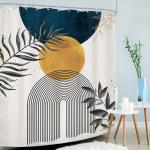 Mitpok Navy Blue Boho Shower Curtain 60Wx72H Modern Bohemian Mid Century Abstract Gold Leaves Minimalist Geometric Plant Bathroom Decor Neutral Botanical Bath Curtain Fabric Polyester 12 Pack Hooks