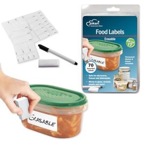 Jokari Label Once Erasable Food Labels with Marker and Eraser Reusable Removable Adhesive Labels for Kitchen Storage Freezer Dishwasher and Microwave Safe 70 Pack