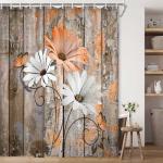 JAWO Farmhouse Flower Floral Shower Curtain, Rustic Orange Daisy Shower Curtain Set, Country Orange Wild Garden Plant Fabric Shower Curtain with Hooks, Brown Wooden Board Bathroom Curtain, 69x70inch