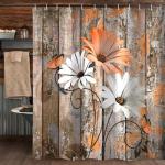 JAWO Farmhouse Flower Floral Shower Curtain, Rustic Orange Daisy Shower Curtain Set, Country Orange Wild Garden Plant Fabric Shower Curtain with Hooks, Brown Wooden Board Bathroom Curtain, 69x70inch