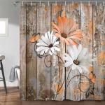 JAWO Farmhouse Flower Floral Shower Curtain, Rustic Orange Daisy Shower Curtain Set, Country Orange Wild Garden Plant Fabric Shower Curtain with Hooks, Brown Wooden Board Bathroom Curtain, 69x70inch
