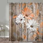 JAWO Farmhouse Flower Floral Shower Curtain, Rustic Orange Daisy Shower Curtain Set, Country Orange Wild Garden Plant Fabric Shower Curtain with Hooks, Brown Wooden Board Bathroom Curtain, 69x70inch