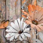 JAWO Farmhouse Flower Floral Shower Curtain, Rustic Orange Daisy Shower Curtain Set, Country Orange Wild Garden Plant Fabric Shower Curtain with Hooks, Brown Wooden Board Bathroom Curtain, 69x70inch