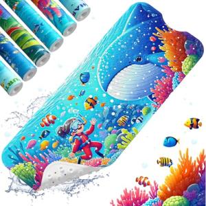 XIYUNTE Baby Bath Mat for Tub Non Slip Kids Bath Mat - 40''x16'' Extra Long Cartoon Bathtub Mat Non Slip Kids Shower Mat Eco-Friendly Toddler Bath Mats with Suction Cups, Machine Washable