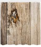 Ambesonne Savannah Shower Curtain, Siberian Tiger Eye Looking Through Wooden Peep Hole in Spy Predator Big Cat Wild Print, Cloth Fabric Bathroom Decor Set with Hooks, 69" W x 75" L, Tan