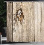 Ambesonne Savannah Shower Curtain, Siberian Tiger Eye Looking Through Wooden Peep Hole in Spy Predator Big Cat Wild Print, Cloth Fabric Bathroom Decor Set with Hooks, 69" W x 75" L, Tan