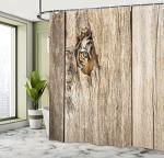 Ambesonne Savannah Shower Curtain, Siberian Tiger Eye Looking Through Wooden Peep Hole in Spy Predator Big Cat Wild Print, Cloth Fabric Bathroom Decor Set with Hooks, 69" W x 75" L, Tan