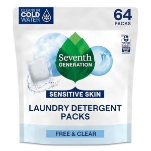 Seventh Generation Laundry Detergent Packs, Free & Clear, Made for Sensitive Skin, EPA Safer Choice Certified, 64 Count
