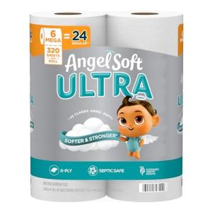 Angel Soft Ultra Toilet Paper, 6 Mega Rolls = 24 Regular Rolls, 2 Ply Toilet Tissue