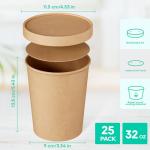 JOLLY PARTY 25pack 32oz Paper Soup Containers with Lids, Disposable Paper Food Cups, Ice Cream Cups, Food Storage with Lids, Microwavable and freezer safe, Suitable for Christmas Thanksgiving (Brown)