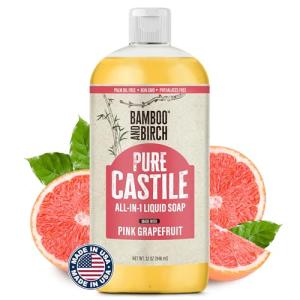 BAMBOO AND BIRCH Pure Castile Soap Liquid, Certified Palm Oil Free Natural Soap, Citrus Grapefruit, 32 oz