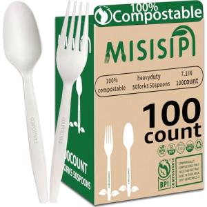 100% Compostable Heavy-Duty Forks and Spoons Set