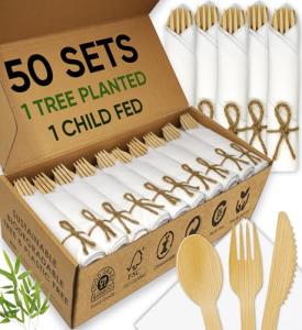 Biodegradable Bamboo Cutlery and Napkin Set (50 Pack)