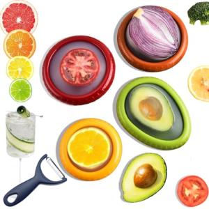 Zyphora Avocado Saver & Tomato Holder Set of 4 Silicone Food Storage Containers - Reusable Silicone Fruit Storage Box for Garlic, Onions, Lemons, Potatoes - Includes Fruit Peeler
