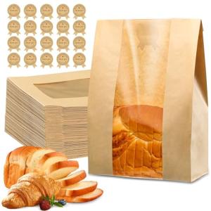 50 Pcs Bread Bags for Homemade Bread, Sourdough Paper With Window, 50% Thicker 13.7x8.2x3.7in A Large Bakery Bags Used for Storage Cookies & Snacks, 60 Cute Sealing Stickers With Ties
