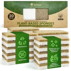 AIRNEX Natural Kitchen Sponges Pack of 20 - Biodegradable Cellulose and Coconut Husk Walnut Scrubber Sponges - Odor Free Non Scratch Sponges - Eco Friendly Quick Drying Dishwashing Sponges