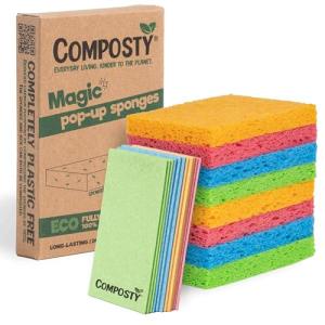 Pop-Up Compostable Sponges 12-Pack – Eco-Friendly Biodegradable Cellulose Kitchen Sponges (Plastic-Free, Non-Scratch, Compressed & Expanding) for Dishes, Kitchen & Bathroom by Award Winning Composty