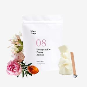 Siblings Essentials, Candle Refill Kit, DIY Candle Kit (No 08: Honeysuckle, Peony, Amber) - Eco-Friendly Candle Refill, Clean Fragrance and Essential Oils, Coconut and Soy Wax