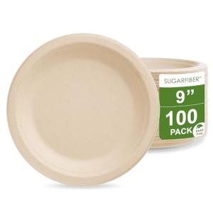 [100 COUNT]Harvest Pack PFAS FREE 9-inch Round Disposable Compostable Paper Plates, Heavy-Duty Natural Bagasse Biodegradable Dinner Plate, Large plate, From Eco-Friendly Sugarcane Plant Fibers