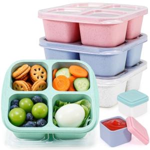 Caperci 4 Pack Bento Snack Boxes Lunchable Containers for Kids & Adults, Wheat Straw 4-Compartment Reusable Food Storage Containers for Snacks & Small Meal (Multicolor & Clear Lids)