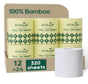 ECOLipak Bamboo Toilet Paper 3 Ply, Septic Safe Toilet Tissue, 12 Double Rolls, 320 Sheets Per Roll, Tree Free, Non Toxic, Soft and Absorbent, Eco Friendly Dye-Free Paper, White