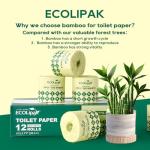 ECOLipak Bamboo Toilet Paper 3 Ply, Septic Safe Toilet Tissue, 12 Double Rolls, 320 Sheets Per Roll, Tree Free, Non Toxic, Soft and Absorbent, Eco Friendly Dye-Free Paper, White