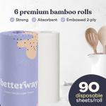 Betterway Bamboo Paper Towels - 6 Rolls, 2 Ply - Plastic Free, Disposable Kitchen Paper Towels - Select Size, Tree Free, Compostable, Strong & Absorbent, No Dyes