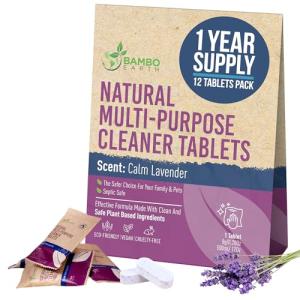 BAMBOEARTH 12 Pack Natural Multi-Purpose Cleaner - All Surface Multipurpose Cleaning Tablets Refill - Eco-Friendly Product & Cleaning Supplies - 1 Tablet = 17oz Spray (204oz Total) - Calm Lavender