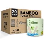 WBM Care Natural Bamboo Toilet Paper, 3-Ply Bath Tissue for Sensitive Skin, Food Grade Standard, 157 Sheets per Roll, Pack of 20 Rolls for a Total 3,140 Sheets