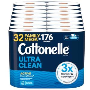 Cottonelle Ultra Clean Toilet Paper with Active CleaningRipples Texture, Strong Bath Tissue, 32 Family Mega Rolls = 176 Regular Rolls (8 Packs of 4)