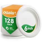 OasisSN 𝟔 𝐈𝐧𝐜𝐡, 𝟏𝟐𝟖-𝐏𝐚𝐜𝐤 Compostable Paper Plates, Heavy-Duty Biodegradable Disposable Dish Made from Bagasse, Perfeck for Snacks, Desserts, Party, Wedding and More (White)