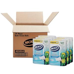 Nicky Elite Toilet Paper with Recyclable Paper Packaging, 36 Ultra Soft Mega Rolls = 144 regular rolls