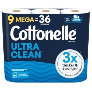 Cottonelle Ultra Clean Toilet Paper, 9 Mega Rolls (9 Mega Rolls = 36 Regular Rolls), 284 Sheets Per Roll, Packaging May Vary