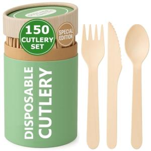 150 Pcs Compostable Wooden Cutlery Set