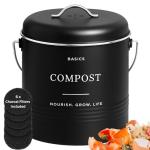 D'Lifeful Kitchen Compost Bin – 1.3 Gallon Countertop Farmhouse Compost Container with Lid – Odorless Indoor Food Scrap Pail with 6 Charcoal Filters – Eco-Conscious and Easy to Clean - Black