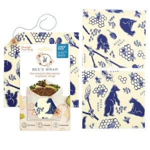 Bee's Wrap Reusable Beeswax Food Wraps Made in The USA, Eco Friendly Beeswax Wraps for Food, Sustainable Food Storage Containers, Reusable Bags Assorted 3 Pack (2M, 1 Sandwich), Bees + Bears Print